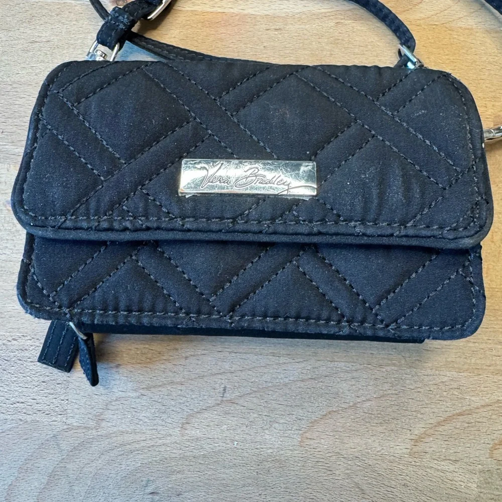 Vera Bradley Purse Mini Micro Black Quilted Crossbody Wristlet Organizer Strap - Picture 1 of 15
